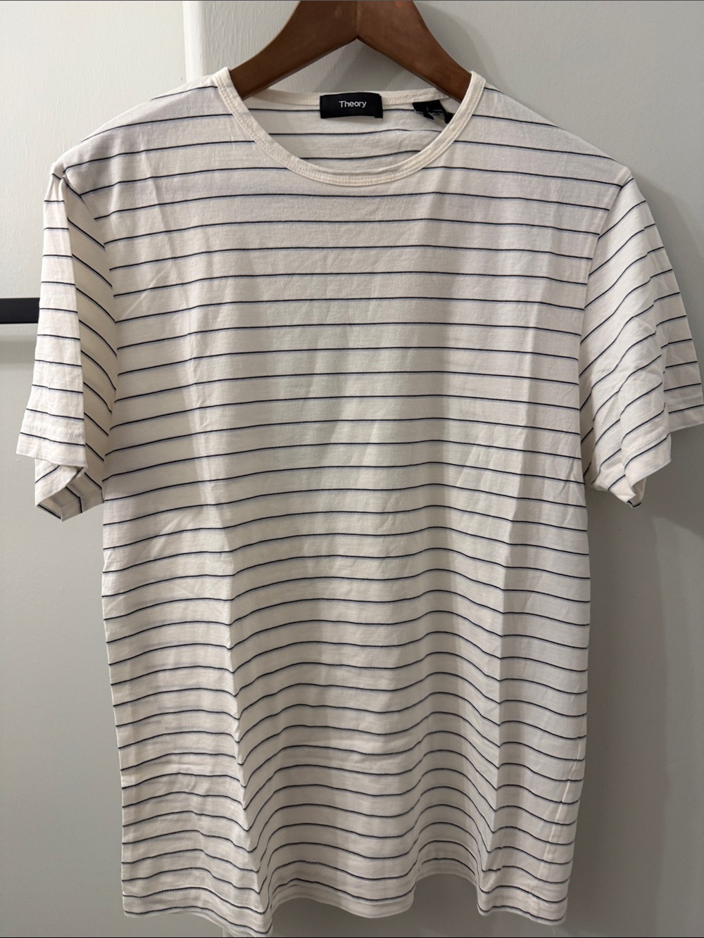 Theory White T-Shirt with Thin Navy Stripes